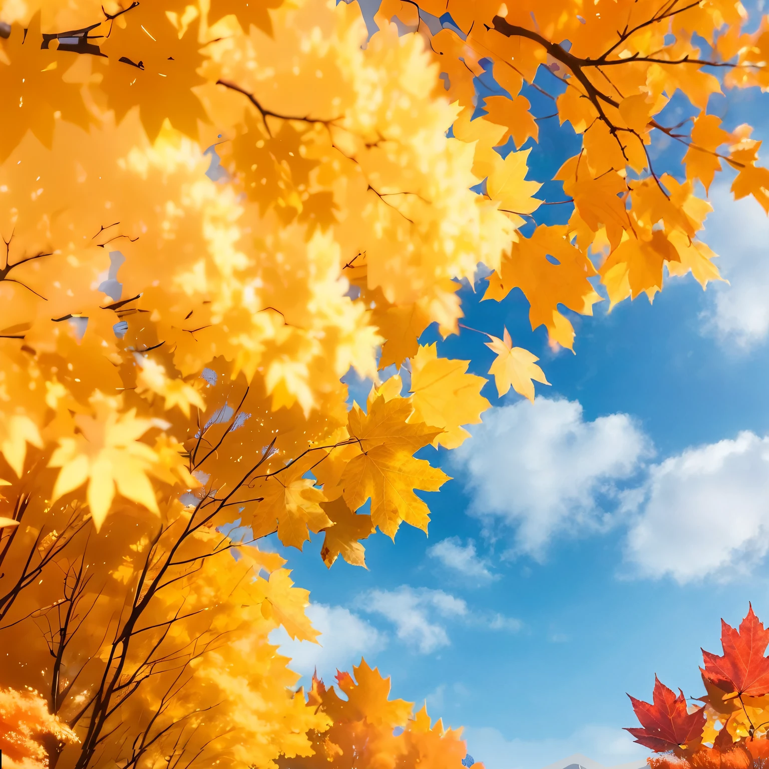 (Highest quality, High resolution), Landscape of autumn leaves.Vibrant colors,Low - Angle,
(Deep autumn sky:1.3),Soft and natural lighting.Autumn leaves background, Vibrant colorsの葉, The golden leaves gently fall, wood々Warm sunlight shining in from between, Peaceful and calm atmosphere, Soft rays of light illuminating the scene, The sound of rustling leaves, Fresh, cool air, A carpet of fallen leaves on the ground, Quiet and picturesque setting, Natural beauty in full bloom,