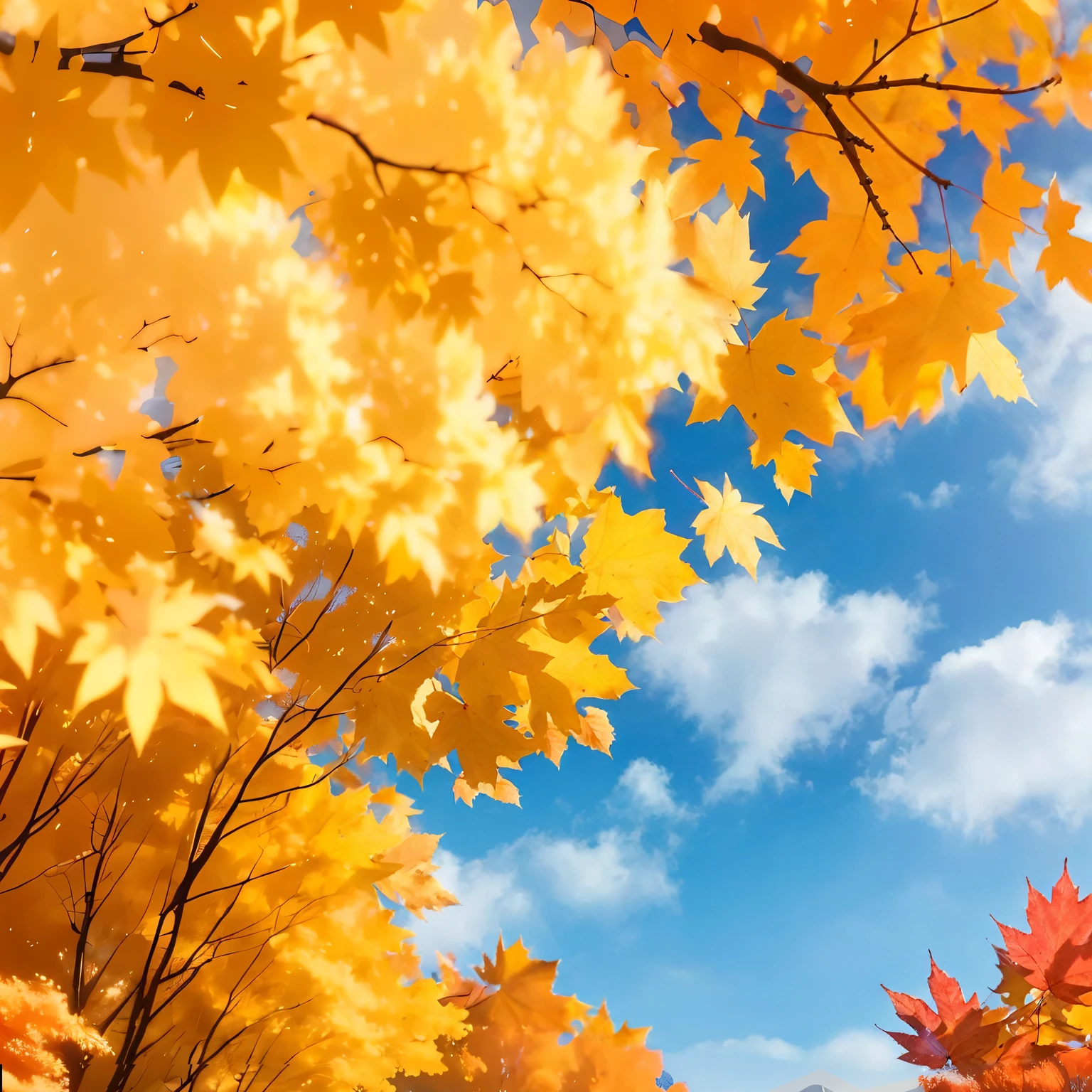 (Highest quality, High resolution), Landscape of autumn leaves.Vibrant colors,Low - Angle,

(Deep autumn sky:1.3),Soft and natural lighting.Autumn leaves background, Vibrant colorsの葉, The golden leaves gently fall, wood々Warm sunlight shining in from between, Peaceful and calm atmosphere, Soft rays of light illuminating the scene, The sound of rustling leaves, Fresh, cool air,  A carpet of fallen leaves on the ground, Quiet and picturesque setting, Natural beauty in full bloom, 