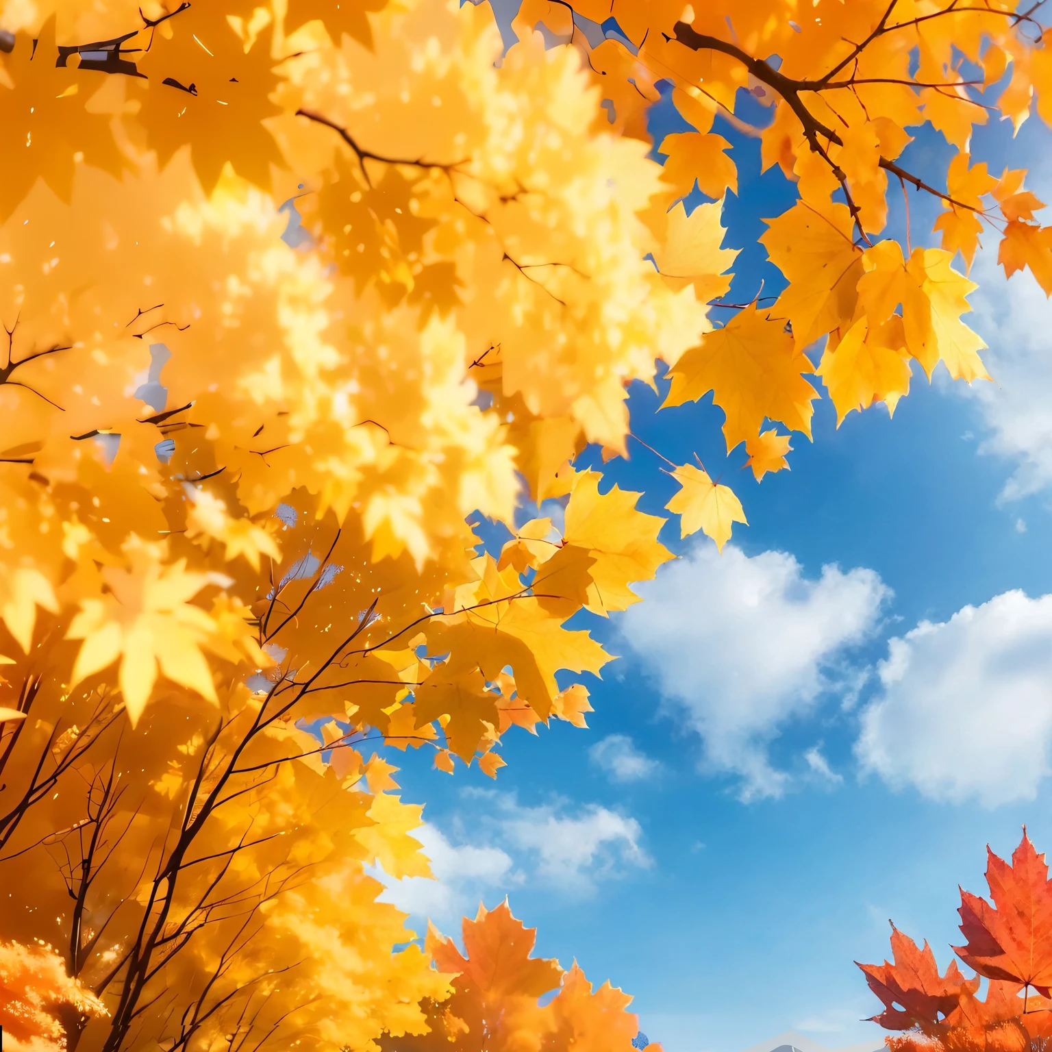 (Highest quality, High resolution), Landscape of autumn leaves.Vibrant colors,Low - Angle,
(Deep autumn sky:1.3),Soft and natural lighting.Autumn leaves background, Vibrant colorsの葉, The golden leaves gently fall, wood々Warm sunlight shining in from between, Peaceful and calm atmosphere, Soft rays of light illuminating the scene, The sound of rustling leaves, Fresh, cool air, A carpet of fallen leaves on the ground, Quiet and picturesque setting, Natural beauty in full bloom,