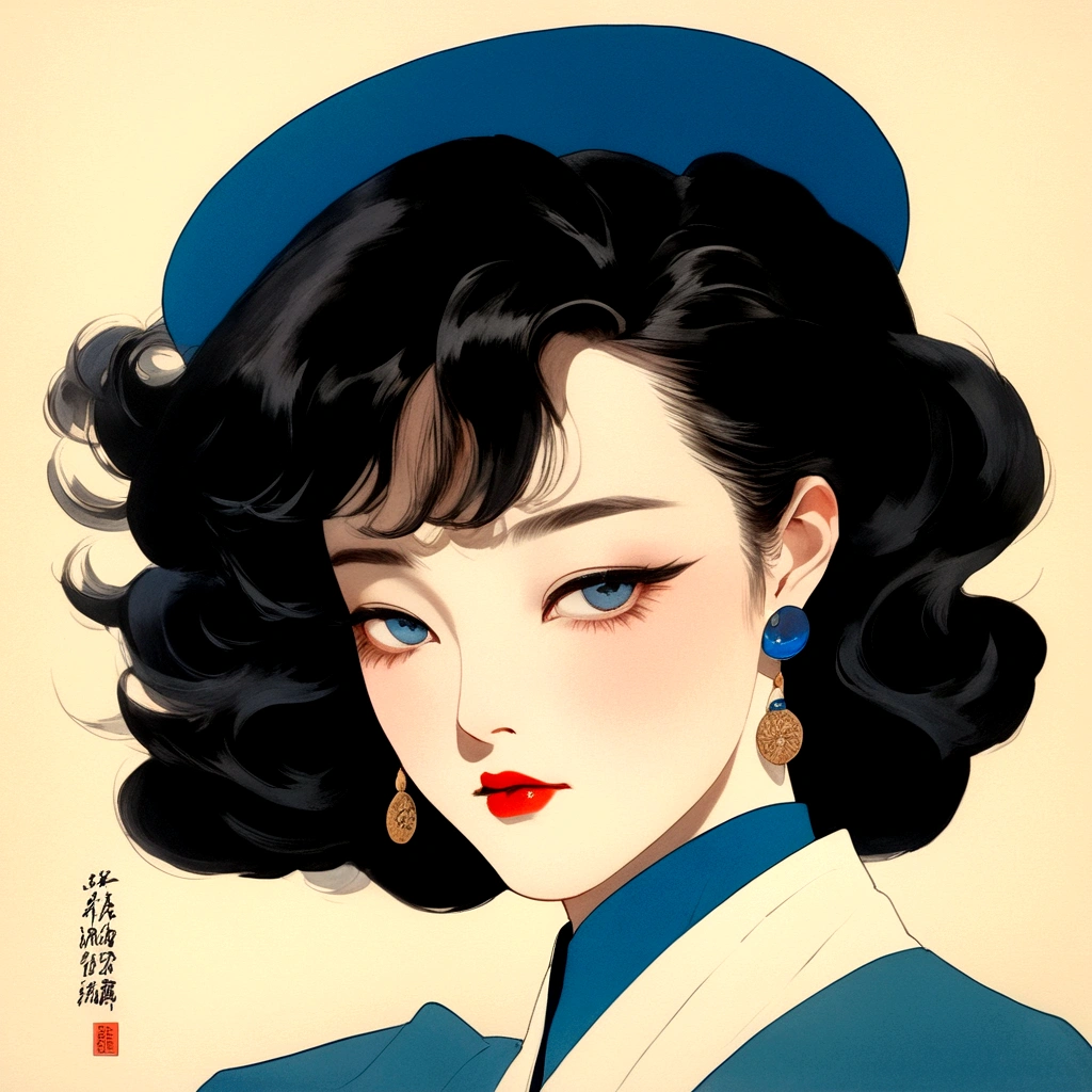 Retro，Retro港风，Patrick Nagel Style，Cat&#39;s Eye Sisters，Shot at 70mm，Oi Kitaichi，Hojo style，Chiaroscuro portrait，Qian Xuan，Beauty，Light bronze and deep black，Blue Background