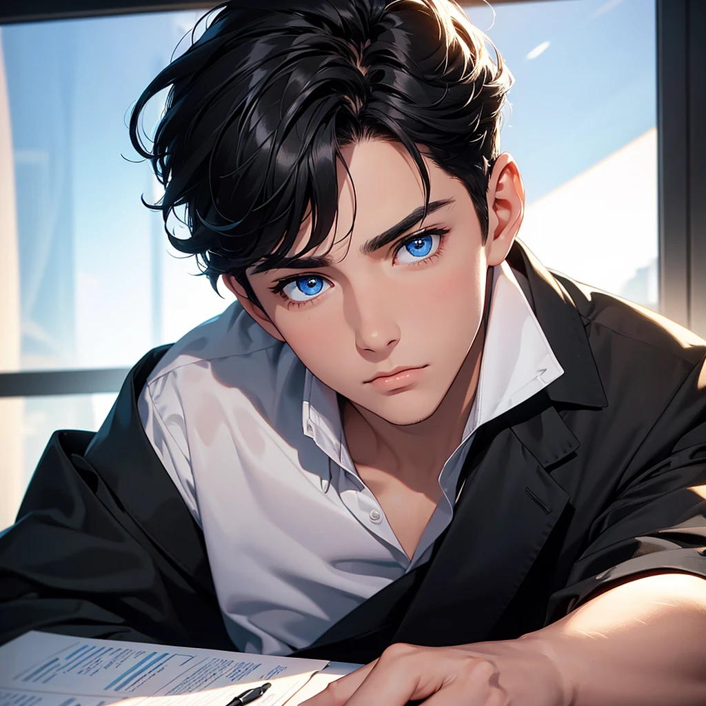 (8K, Best Quality, Masterpiece, Ultra High Resolution) 1 Male, Man, Beautiful Eyes, Face Details, Short Black Hair, Blue Eyes, Sunkissed Skin, Slender, Toned, Suit, Sitting at Desk, Best Quality, Upper Body, Looking at the Viewer, Facing Viewer, Close Up