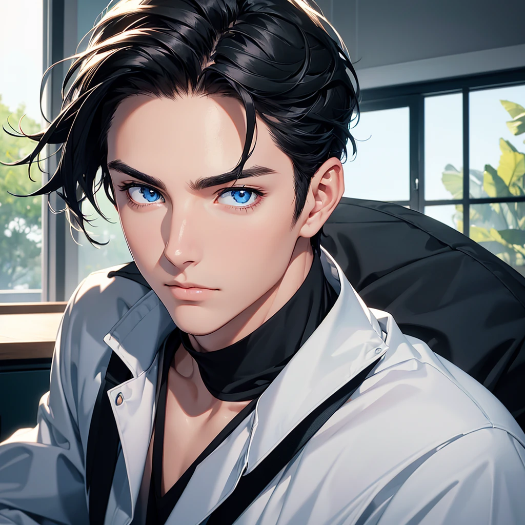 (8K, Best Quality, Masterpiece, Ultra High Resolution) 1 Male, Man, Beautiful Eyes, Face Details, Short Black Hair, Blue Eyes, Sunkissed Skin, Slender, Toned, Suit, Sitting at Desk, Best Quality, Upper Body, Looking at the Viewer, Facing Viewer, Close Up