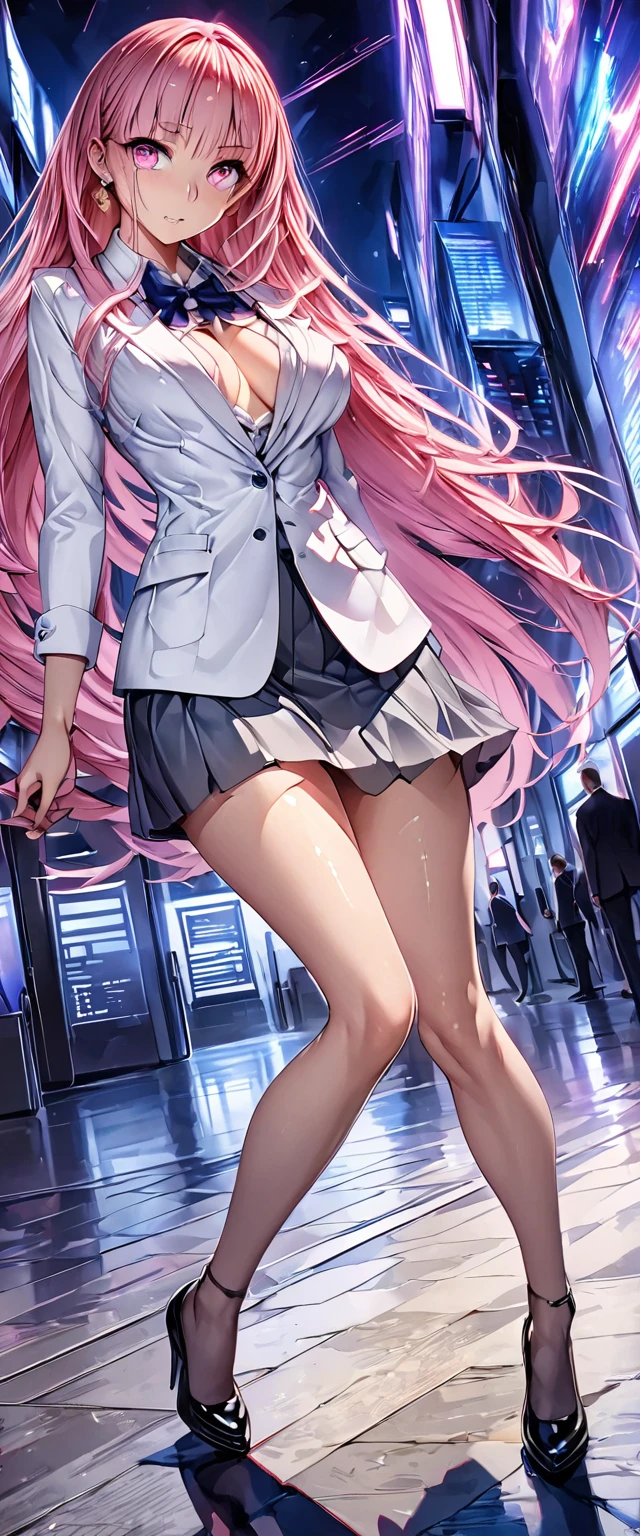 (Perfect Anatomy)、Mastepiece、Ultra High Quality、 8K、masterpiece、Highest quality、Ultra-high resolution、Maximum resolution、Very detailed、Professional Lighting、anime、woman、thin、so beautiful、Highly detailed eye、Highly detailed face、Golden earrings、Pink Hair,、Pink eyes、Mid-chest, Office lady suits, full body,