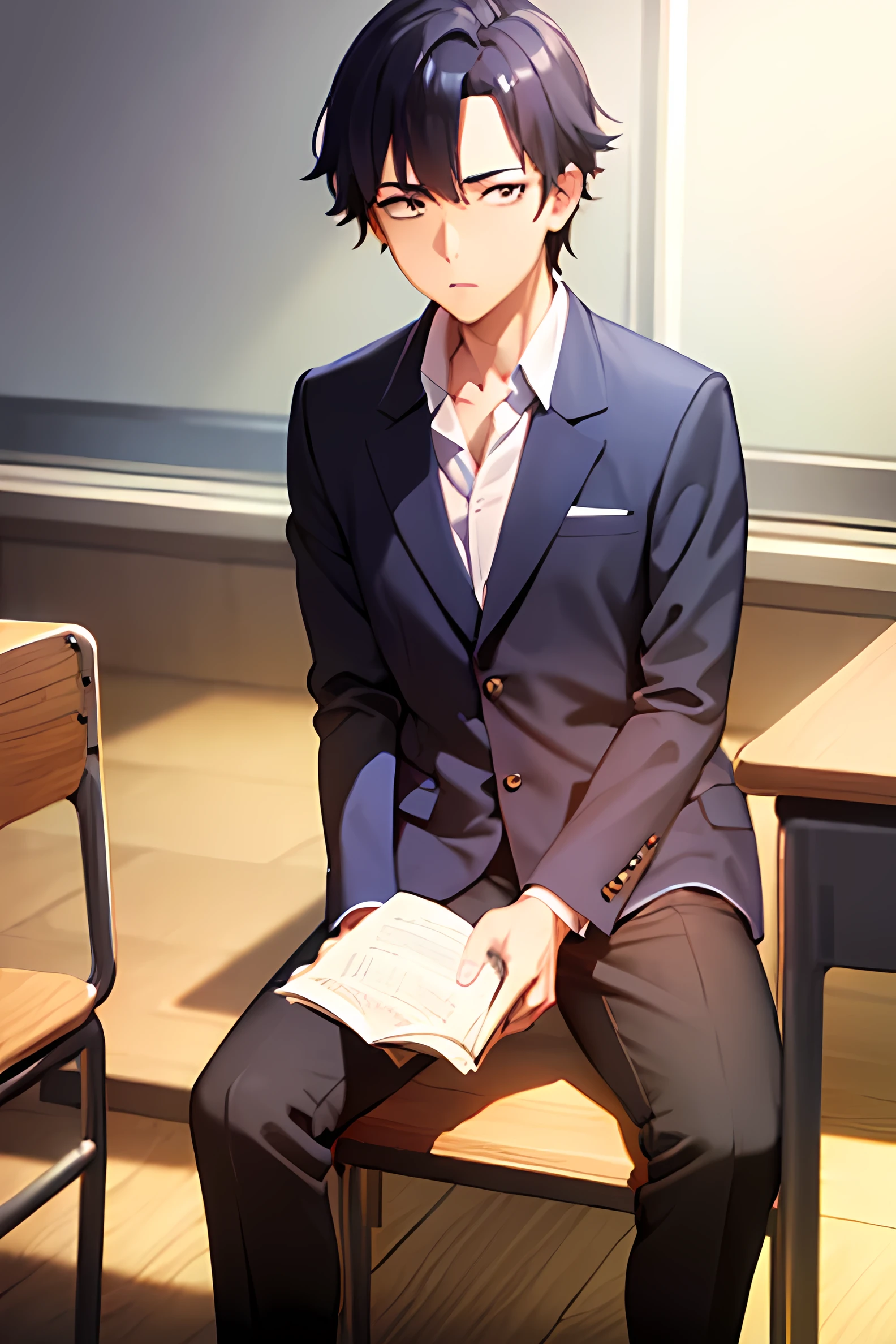 masterpiece, best quality, ultra-detailed, illustration, inside classroom, nobody in the class except him, sits in the right back corner chair, handsome, cool guy, black hair, japanese high , staring out of window, cold face, supporting his chin on the table