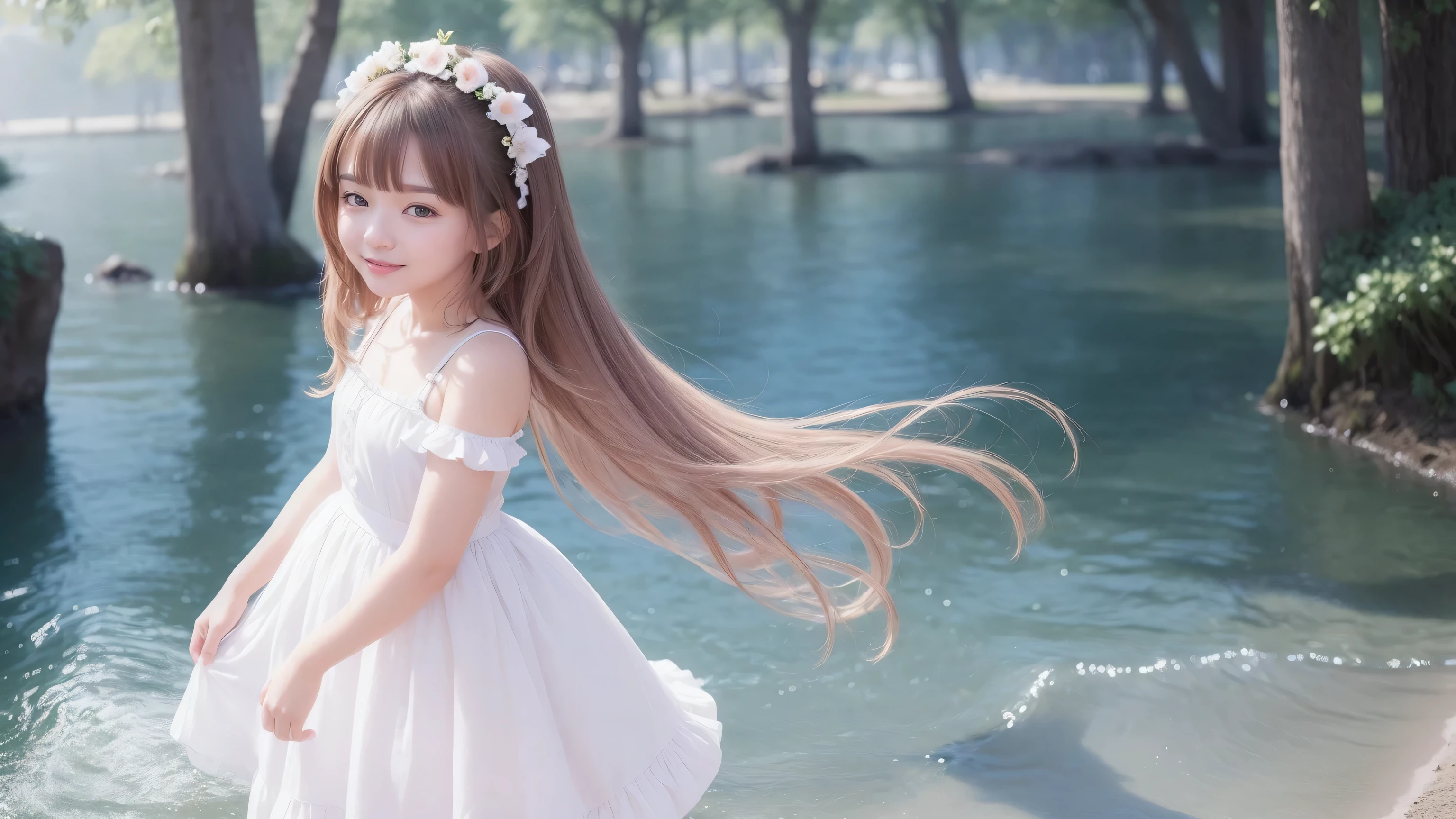 (masterpiece, Highest quality:1.2), Fluffy long hair,11 years old, alone, One girl, Nene Kasaki々, smile, View your viewers, put your hands in your hair, , Seraphim, skirt
