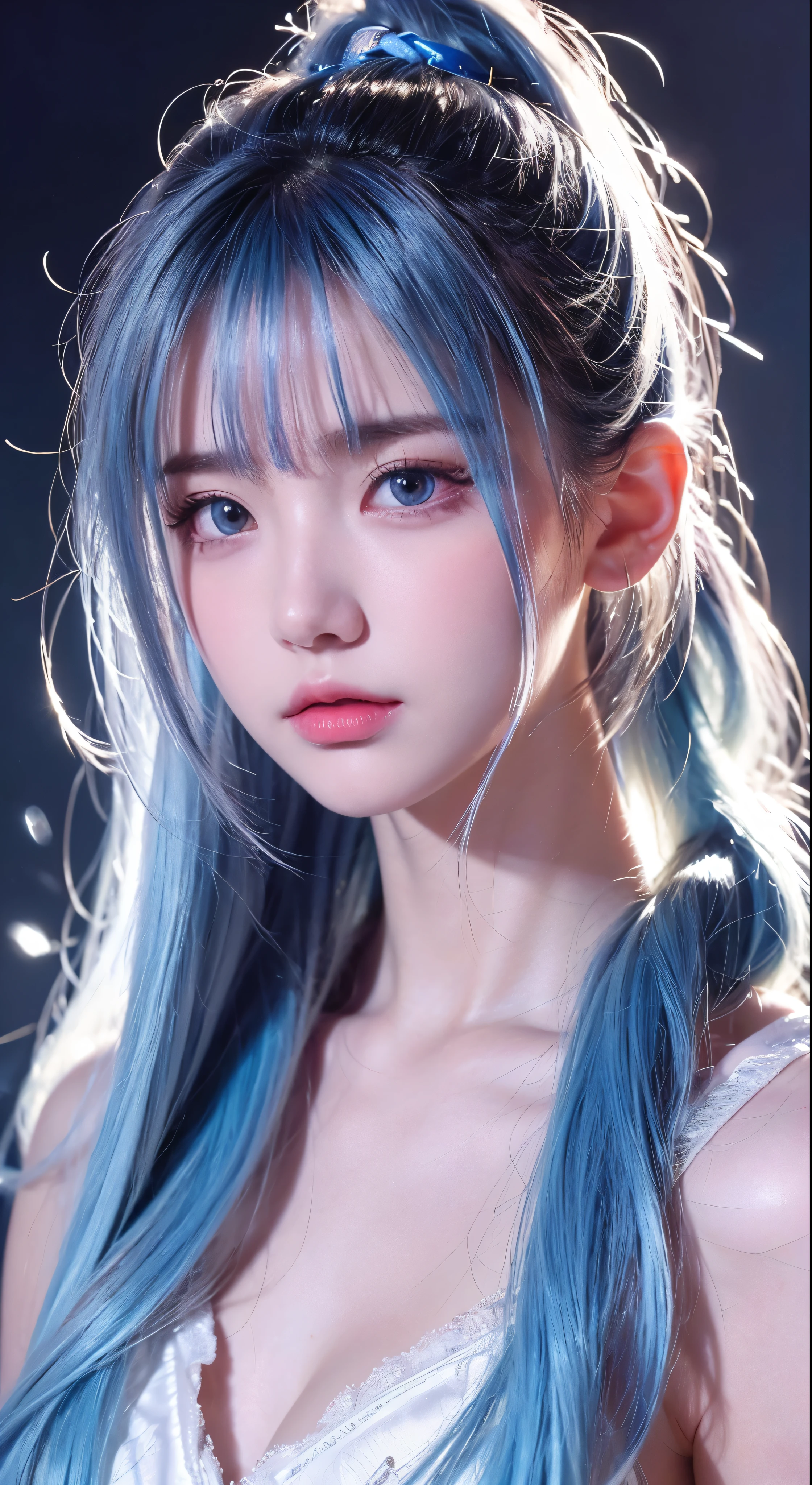 (masterpiece), (best quality), (ultra detailed),(disheveled hair),(illustration), (1girl), (Fashionable clothing), standing, Fashion model, looking at viewer, (interview), (simple background),beautiful detailed eyes, delicate beautiful face, Floating,(high saturation),(colorful splashes),colorful bubble,(shining), focus on face,  ponytail, kamisato ayaka, light blue hair, bangs, hair ring, floating flowers, floating hairs, (shining), best lighting, best shadow,