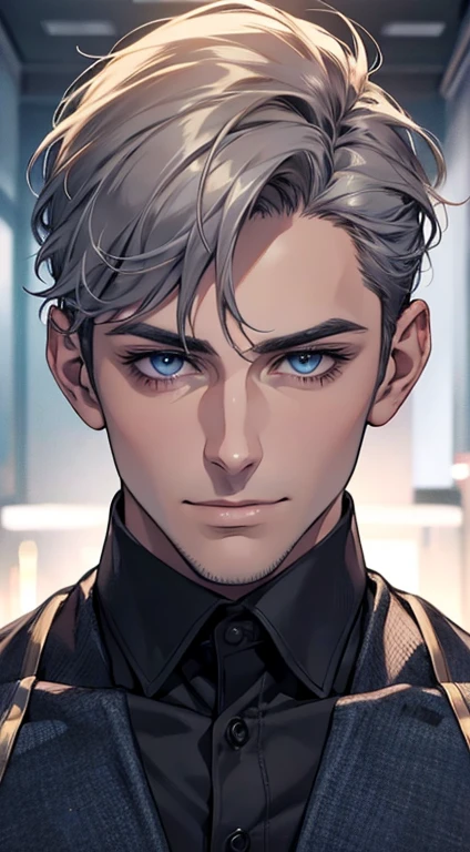 (best quality,4k,8k,highres,masterpiece:1.2),ultra-detailed,(realistic,photorealistic,photo-realistic:1.37),1 man,31 years old,mature man,very handsome,without expression,smile,short grey hair,blue eyes,penetrating gaze,perfect face without errors,imposing posture,businessman,office background,cinematic lighting,hdr image