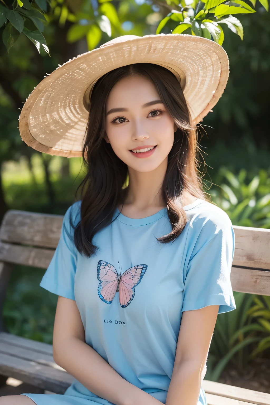 masterpiece, super detailed face, super detailed teeth and big eyes of extremely beautiful woman holding traditional Vietnamese conical hat, gorgeous face and beautiful white teeth, sitting on a stone bench in the yard The beautiful small garden in front of the ancient cottage sits, the air is fresh, the birds are chirping, the sunlight is shimmering, the gorgeous woman with a charming smile is wearing a light blue and pink t-shirt with a butterfly. small gold in hair, beautiful vintage art, tom bagshaw art style, beautiful art, by Mark Brooks, beautiful artwork, by Glen Angus, UHD, 48K