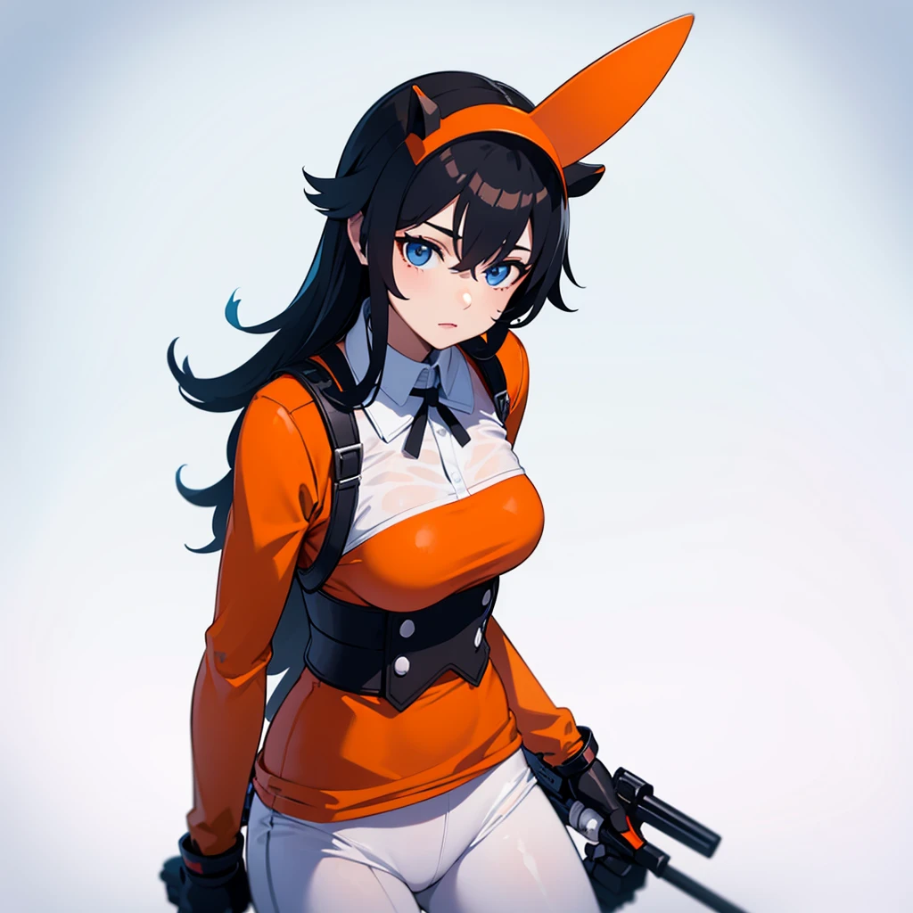 Create a realistic avatar with orange shirt white body and a black bunny helmet