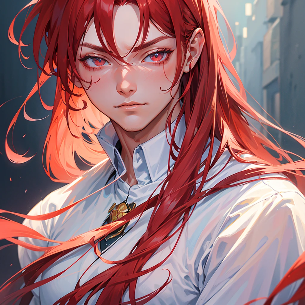 A close-up of a man with medium-long red hair that falls over his shoulders and a white shirt, attractive androgynous humanoid, male main character, with feminine features, Close-up of character art, detailed character portrait, close-up character portrait, Hero, Close-up of character portrait, estilo 2d, Bright colors, JED style