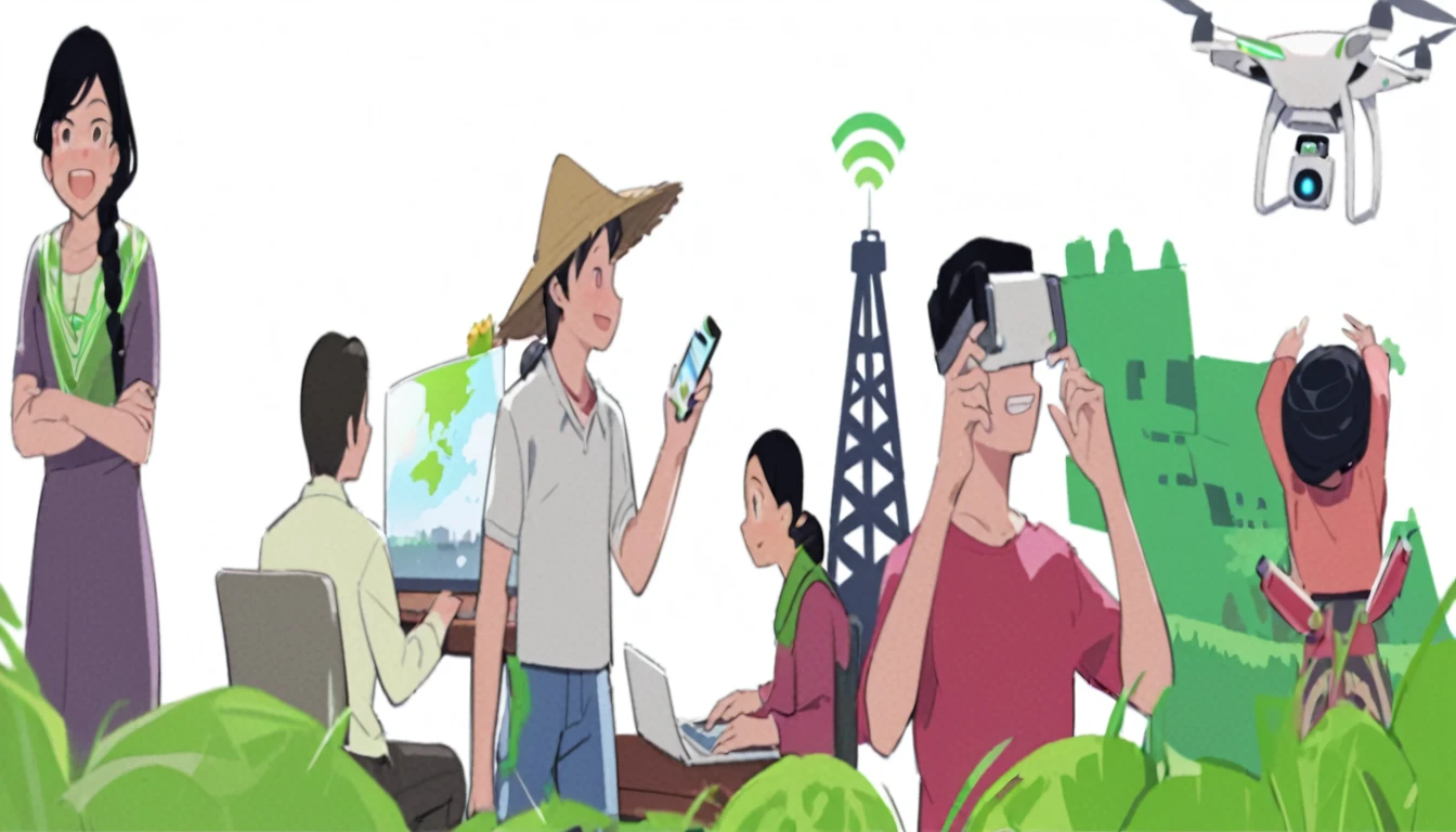 Smart Village: Bridging Tradition and Technology Connected Community: Villagers embracing the internet and computers, enhancing their daily lives and work. Modern Farming: Farmers utilizing smartphones for better crop management and market access. Tech-Enabled Families: Happy families benefiting from improved communication and education through technology. Innovative Infrastructure: Mobile towers ensuring seamless connectivity, with drones and robots supporting agricultural