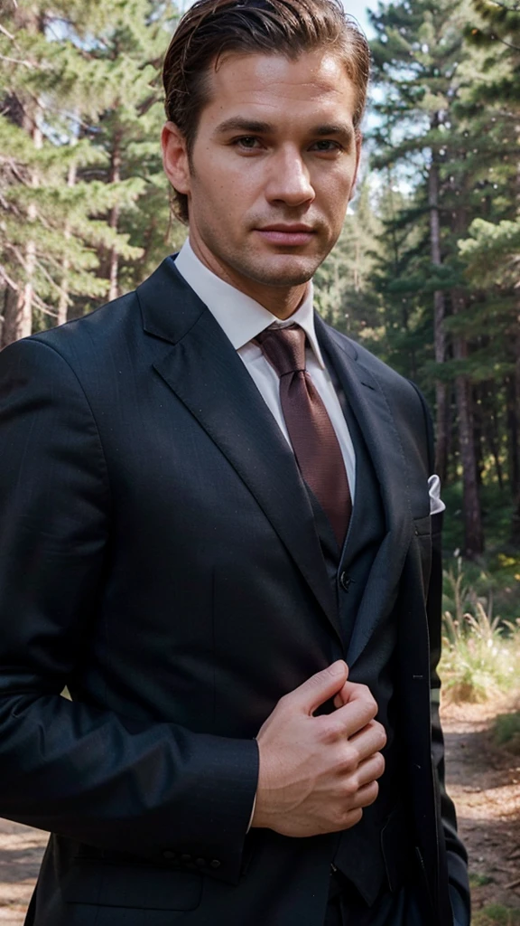 Generate me a realistic handsome goss businessman in portrait,There will be a forest in the background