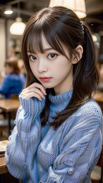 (masterpiece:1.5)、(Realistic:1.5)、(Highest quality:1.4、8K、RAW Photos)、 Ultra-high resolution、Professional Lighting、Perfect dynamic composition、Photo shoot at an antique and stylish cafe、 Film Grain、chromatic aberration、(Bokeh:1.1)、 Frank、Sophisticated、charm、超Realistic、High detail、Golden Ratio、 (1 Girl)、Slender girl、繊細でcharm女の子、Cute Woman:1.4、 Serious expression、Looking at the audience、Sculptural installation、Light brown hair、Shiny Hair、Hairstyle: Ponytail、 Realistic looking skin、 Shut your mouth.、Beautiful Eyes、double eyelid、Thin arms、(Wearing a blue knitted sweater:1.3)