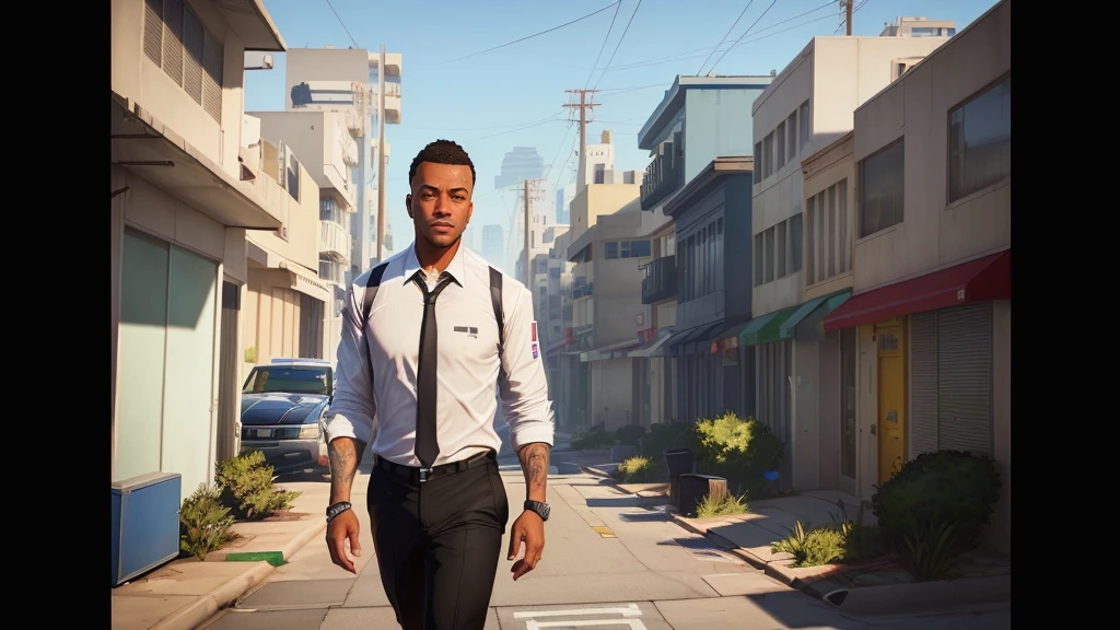 a closeup of a man in a tie and shirt walking down a street, GTA5 style, Style GTA V, GTA V style, as gtav character, Estilo urbano GTA V, gta character, gta v character, gta 6 style, Elon Musk a GTA V, as the protagonist of gta 5, Mark Zuckerberg en GTA V., Estilo Grand Theft Auto