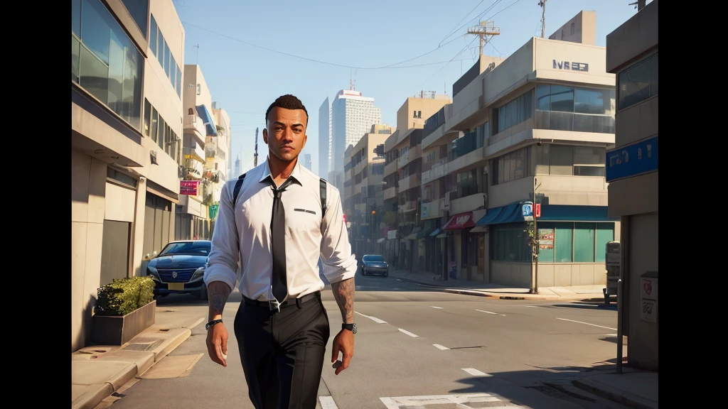 a closeup of a man in a tie and shirt walking down a street, GTA5 style, Style GTA V, GTA V style, as gtav character, Estilo urbano GTA V, gta character, gta v character, gta 6 style, Elon Musk a GTA V, as the protagonist of gta 5, Mark Zuckerberg en GTA V., Estilo Grand Theft Auto
