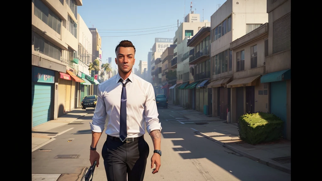 a closeup of a man in a tie and shirt walking down a street, GTA5 style, Style GTA V, GTA V style, as gtav character, Estilo urbano GTA V, gta character, gta v character, gta 6 style, Elon Musk a GTA V, as the protagonist of gta 5, Mark Zuckerberg en GTA V., Estilo Grand Theft Auto