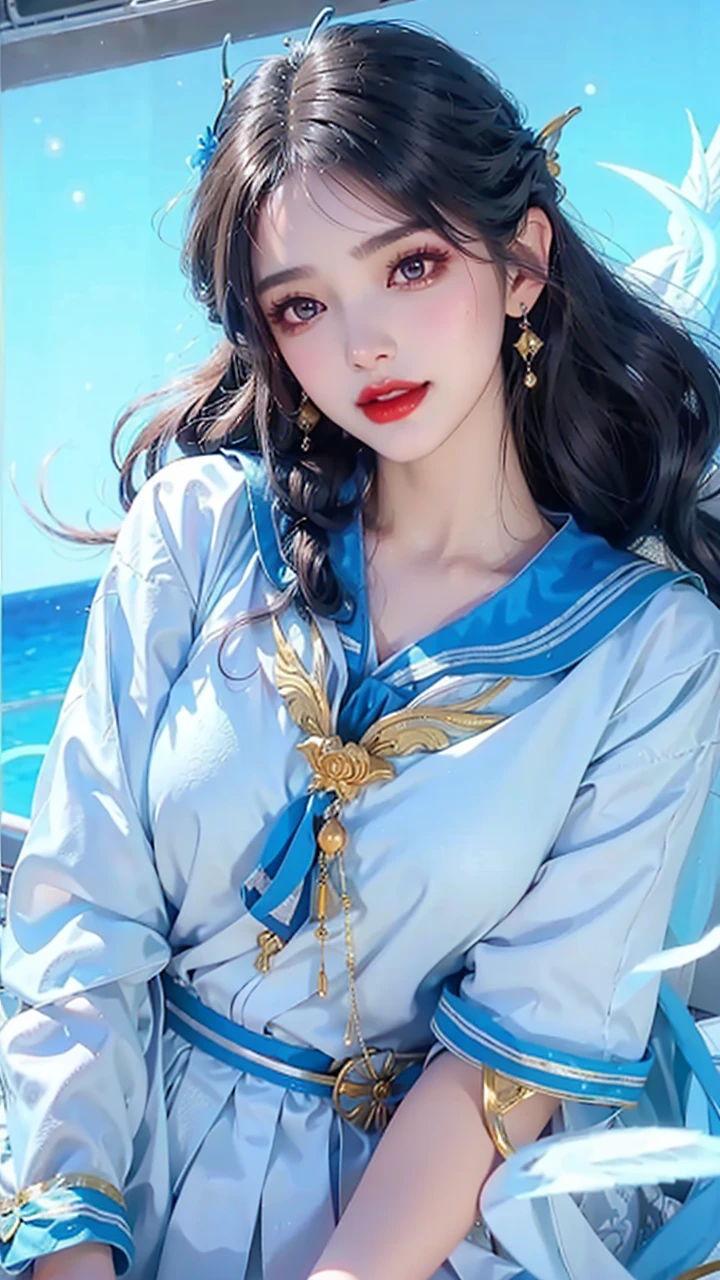 Close-up of a woman in costume on stage, Whole body xylose, Beautiful celestial mage, a stunning young ethereal figure, beautiful fantasy empress, astral witch clothes, shaxi, flowing magical robe, Hanfu Blanco, xianxia fantasy, belle delphine, Ethereal fantasy, elegant glamourous cosplay, heise jinyao，((Top-down view))，((Lie flat))，Lie flat on the ground,Lips wear thick red lipstick