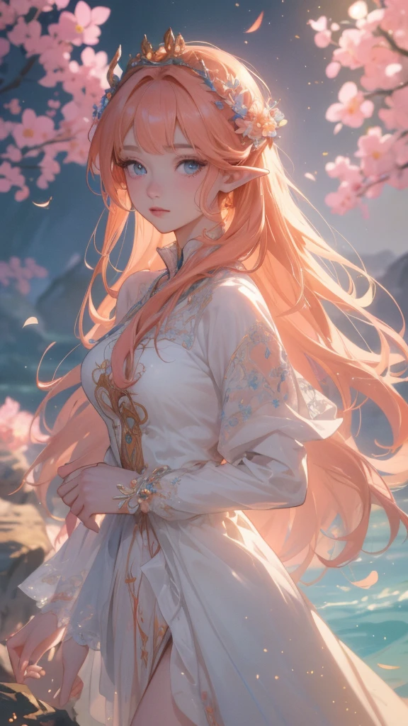 work of art, ultra epic details, ultra detaild, best resolution, orange hair like fire, olhos verdes esmeralda, long braided hair, ( BEAUTIFUL ELF ), (wearing a robust crown of blue and pink leaves and flowers on her head), { olhos ultra detailds }, (( rosto angelical )), sculptural body, ( peasant clothing ), (( perfect hands )), TREES, medieval scenery,( beautiful hairstyle with bangs ), lovely gaze, gazing at viewer