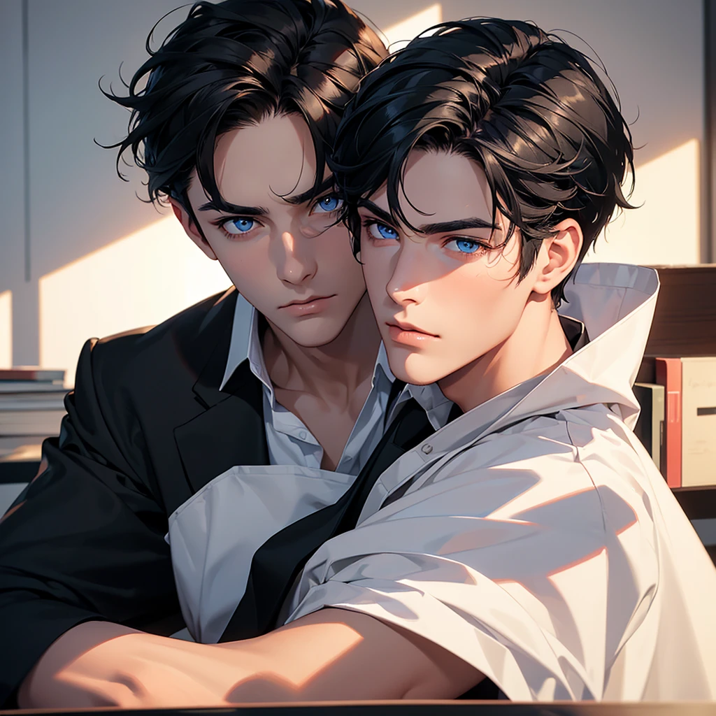 (8K, Best Quality, Masterpiece, Ultra High Resolution) 1 Male, Man, Beautiful Eyes, Face Details, Short Black Hair, Blue Eyes, Sunkissed Skin, Slender, Manly, Masculine, Toned, Suit, Sitting at Desk, Best Quality, Upper Body, Looking at the Viewer, Facing Viewer, Close Up