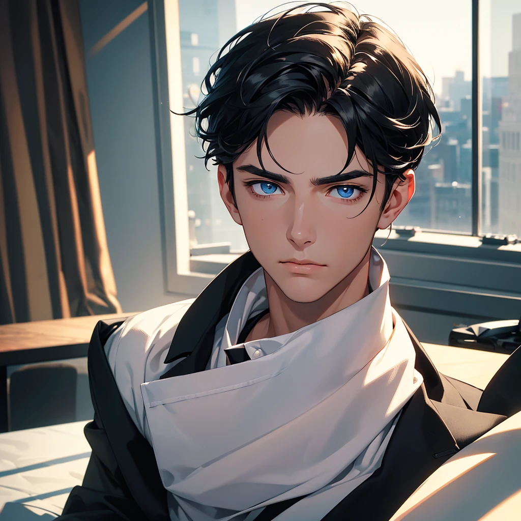 (8K, Best Quality, Masterpiece, Ultra High Resolution) 1 Male, Man, Beautiful Eyes, Face Details, Short Black Hair, Blue Eyes, Sunkissed Skin, Slender, Manly, Masculine, Toned, Suit, Sitting at Desk, Best Quality, Upper Body, Looking at the Viewer, Facing Viewer, Close Up
