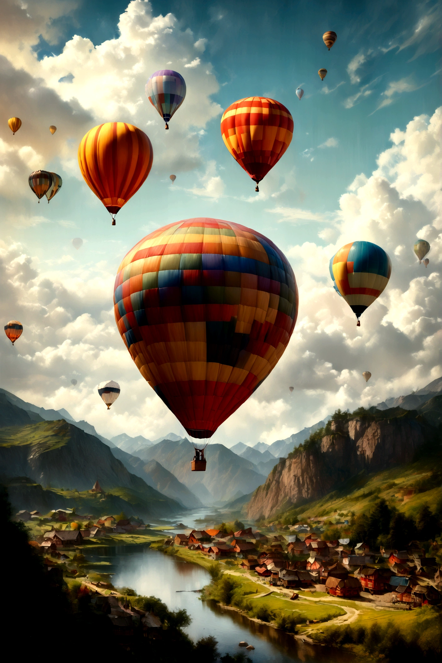 A detailed, beautiful landscape with a hot air balloon floating in the sky, detailed sky with fluffy clouds, lush green meadows, mountains in the background, a quaint village with colorful houses, (best quality,4k,8k,highres,masterpiece:1.2),ultra-detailed,(realistic,photorealistic,photo-realistic:1.37),HDR,UHD,studio lighting,ultra-fine painting,sharp focus,physically-based rendering,extreme detail description,professional,vivid colors,landscape,cinematic lighting,warm color palette