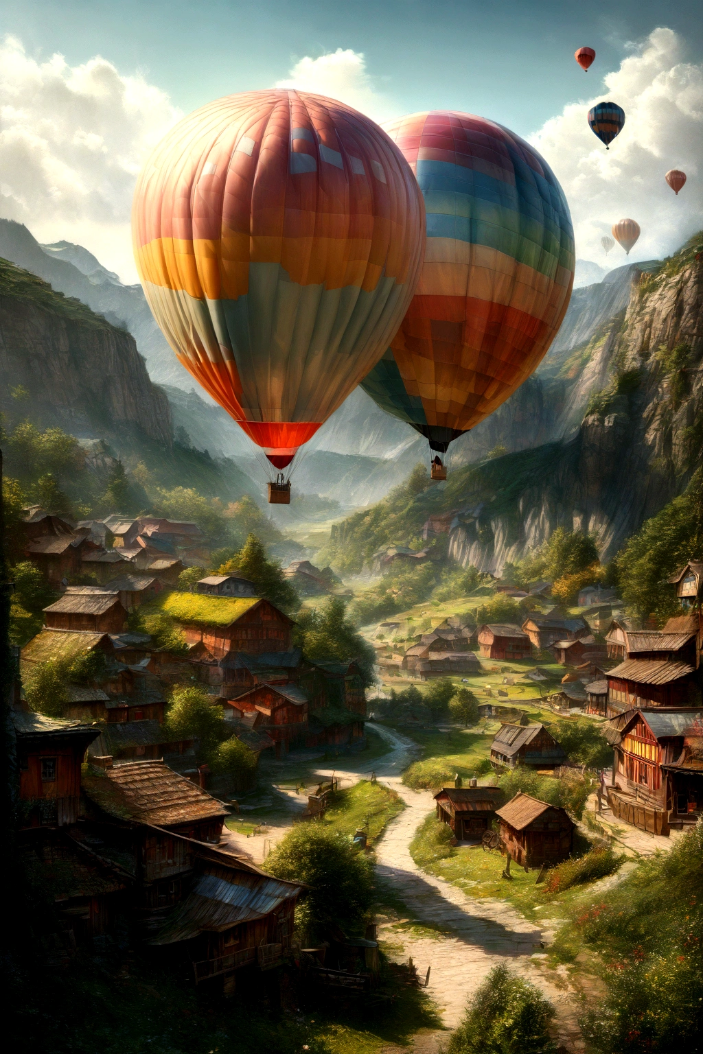 A detailed, beautiful landscape with a hot air balloon floating in the sky, detailed sky with fluffy clouds, lush green meadows, mountains in the background, a quaint village with colorful houses, (best quality,4k,8k,highres,masterpiece:1.2),ultra-detailed,(realistic,photorealistic,photo-realistic:1.37),HDR,UHD,studio lighting,ultra-fine painting,sharp focus,physically-based rendering,extreme detail description,professional,vivid colors,landscape,cinematic lighting,warm color palette