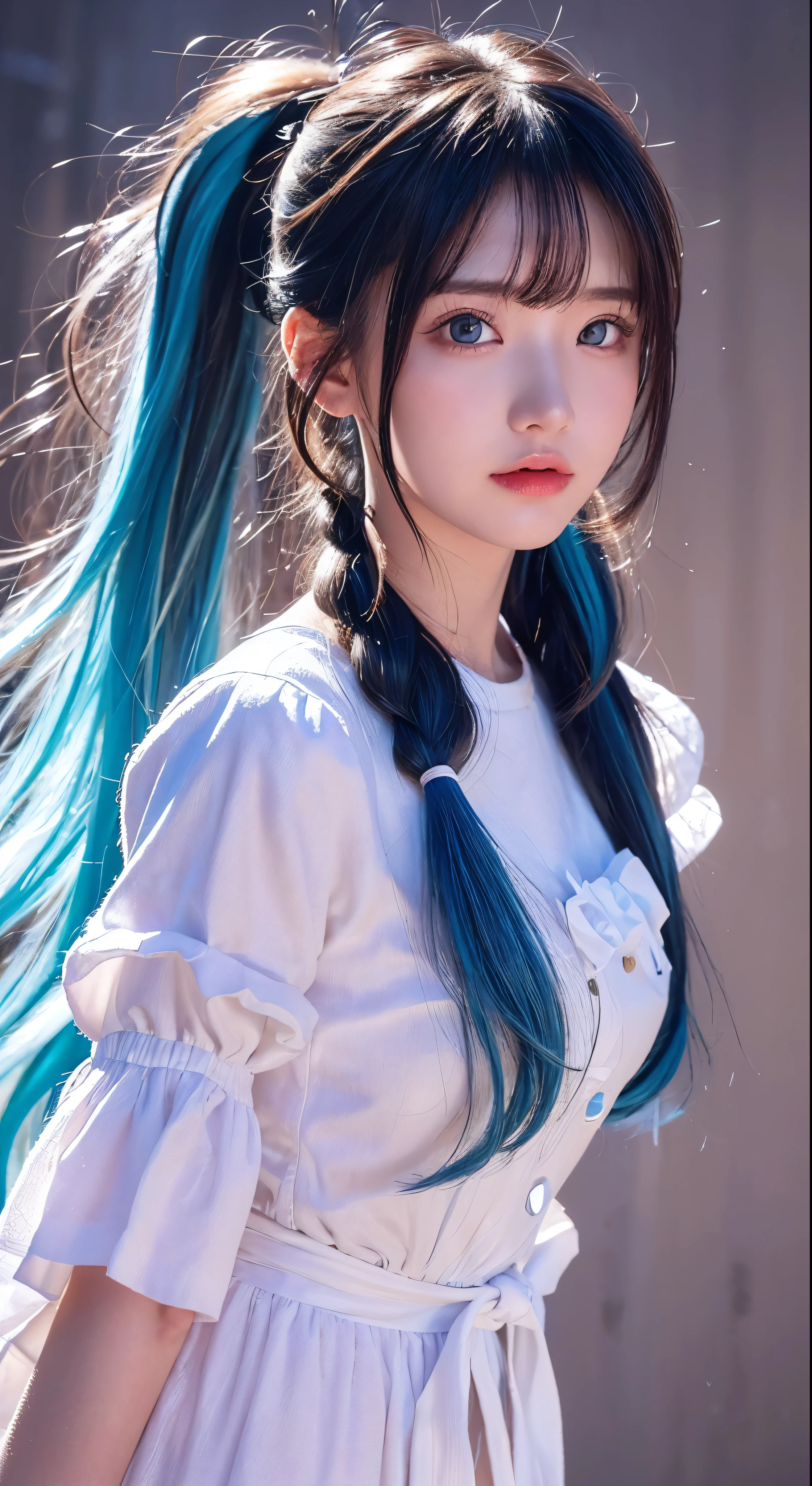 (masterpiece), (best quality), (ultra detailed),(disheveled hair),(illustration), (1girl), (Fashionable clothing), standing, Fashion model, looking at viewer, (interview), (simple background),beautiful detailed eyes, delicate beautiful face, Floating,(high saturation),(colorful splashes),colorful bubble,(shining), focus on face,  ponytail, kamisato ayaka, light blue hair, bangs, hair ring, floating flowers, floating hairs, (shining), best lighting, best shadow,