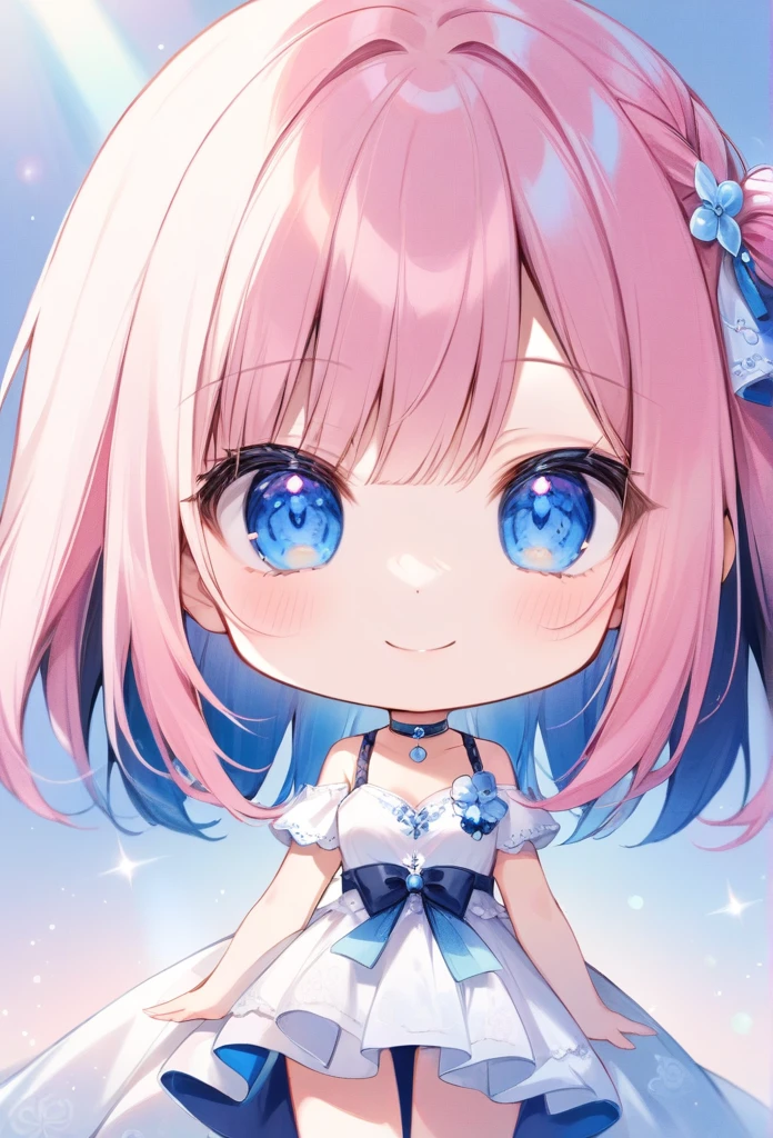 1girl, chibi、((Hair color light pink))、Length Bob、Beautiful blue eyes、Choker Accessories、smile