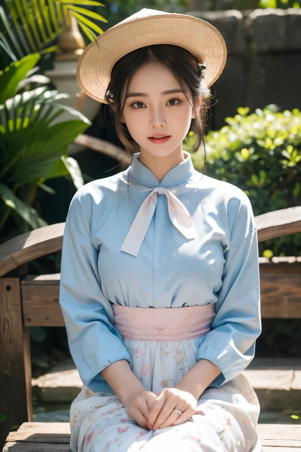 masterpiece, super beautiful detailed face, super detailed beautiful white teeth and big eyes of an extremely beautiful woman, wearing a traditional pale pink and blue Ba Ba shirt and a small gold butterfly brooch With her hair tied up in a bun, the girl is holding a traditional Vietnamese conical hat in one hand, sitting on a stone bench in a beautiful small garden in front of an ancient cottage, next to an aquarium with water waves reflecting the iridescent sunlight and air. fresh, chirping birds, shimmering sunlight, stunning beautiful woman with captivating smile, beautiful classical art, beautiful art style of Mark Brooks, beautiful artwork by Glen Angus, UHD, 48K