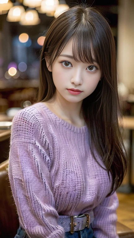 (masterpiece:1.5)、(Realistic:1.5)、(Highest quality:1.4、8K、RAW Photos)、 Ultra-high resolution、Professional Lighting、Perfect dynamic composition、Photo shoot at an antique and stylish cafe、 Film Grain、chromatic aberration、(Bokeh:1.1)、 Frank、Sophisticated、charm、超Realistic、High detail、Golden Ratio、 (1 Girl)、Slender girl、繊細でcharm女の子、Cute Woman:1.4、 Serious expression、Looking at the audience、Sculptural installation、Light brown hair、Shiny Hair、Hairstyle: Ponytail、 Realistic looking skin、 Shut your mouth.、Beautiful Eyes、double eyelid、Thin arms、(Wearing a purple knitted sweater:1.3)