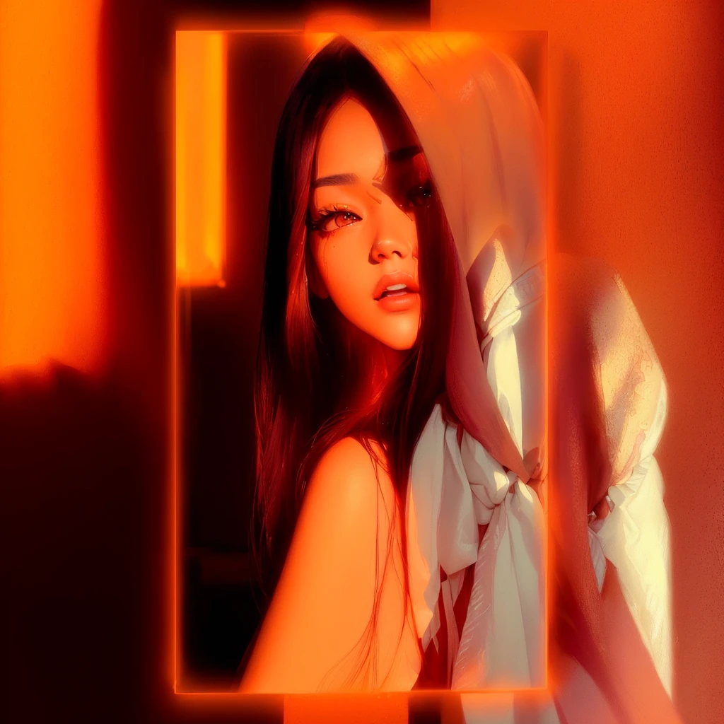 there is a woman that is looking in a mirror, blackpink jennie, portrait jisoo blackpink, jisoo of blackpink, warm glow from the lights, portrait of jossi of blackpink, profile pic, glowing red, soft devil queen madison beer, krystal, jisoo from blackpink, red and orange glow, roseanne park of blackpink, red mood in background, in front of an orange background