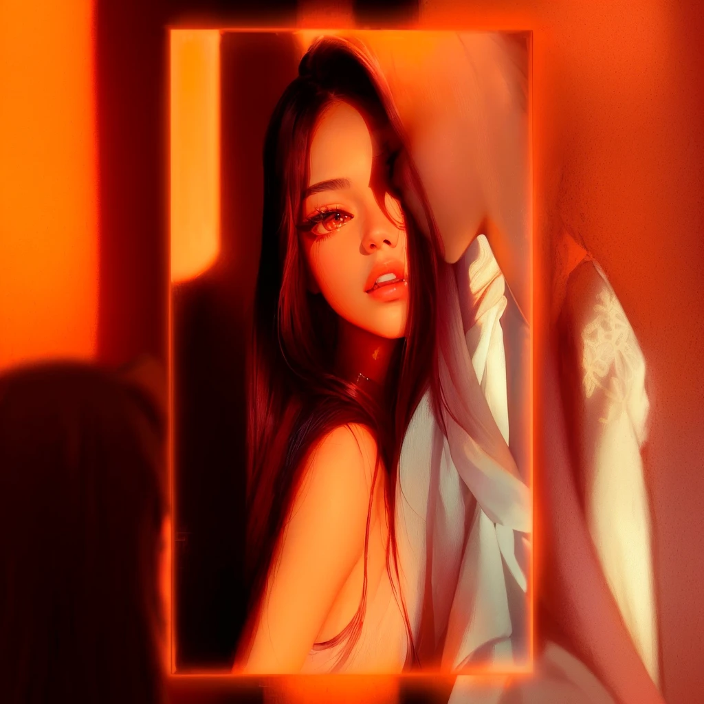 there is a woman that is looking in a mirror, blackpink jennie, portrait jisoo blackpink, jisoo of blackpink, warm glow from the lights, portrait of jossi of blackpink, profile pic, glowing red, soft devil queen madison beer, krystal, jisoo from blackpink, red and orange glow, roseanne park of blackpink, red mood in background, in front of an orange background
