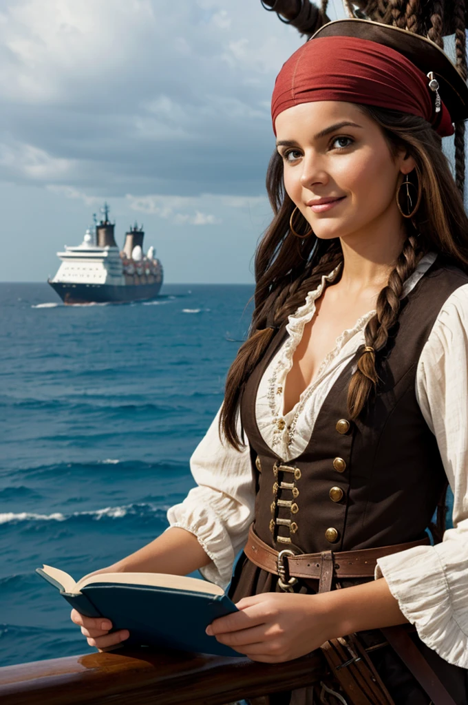Pirate woman with straight brown hair writing in a book on a ship looking at the sea 