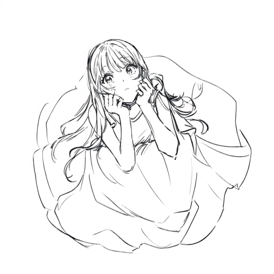 Picture of a girl with her hands on her face, , Beautiful anime outline, Line art!!, Line art!!, Anime Sketch, Line art, perfect Line art, thick Line art, Anime girl crouching, , Line art, thick Line art, thick black Line art, Mr.々A pose, clean Line art