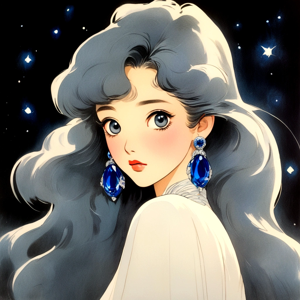 1980s anime, an asian girl with grey long hair, fancy sapphire earrings, big eyes, looking at the audience, detail, clear, nostalgic, soft-edged