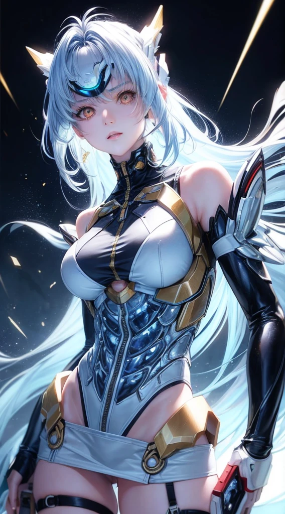 top-quality、masterpiece、超A high resolution、(Photorealsitic:1.4)、女の子1人、Light blue hair、Straight hair, shiny and clean hair、White shiny skin、Sexy Cyberpunk Girl、((super realistic details))、Shadow、octan render、ultrasharp、hyperdetailed face、Fiberglass、Luminous tube、highly intricate detail、Realistic light、CGSoation Trends、((Golden Eyes))、(Facing the camera)、neon detailechanical limbechanical vertebrae attached to the back、mechanical cervical attaching to neck、Wires and cables connecting to the head、((valkyrie))、((Beam Cannon))、Combat stance