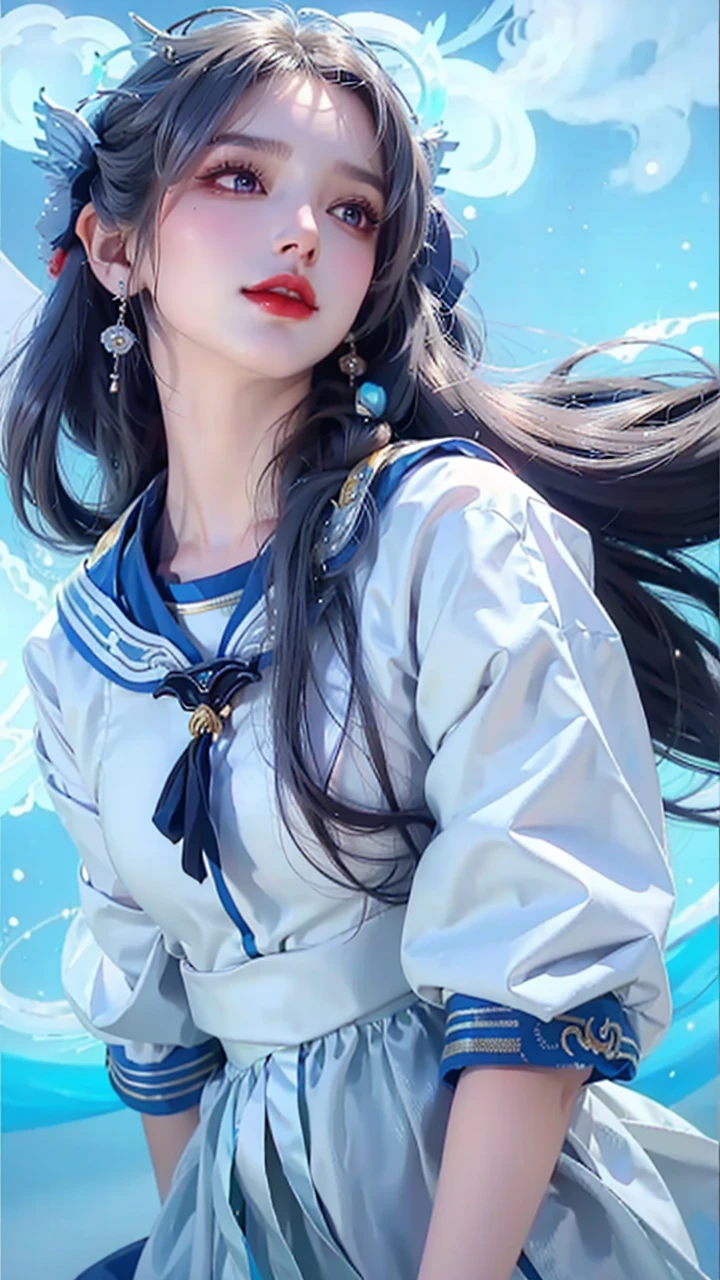 Close-up of a woman in costume on stage, Whole body xylose, Beautiful celestial mage, a stunning young ethereal figure, beautiful fantasy empress, astral witch clothes, shaxi, flowing magical robe, Hanfu Blanco, xianxia fantasy, belle delphine, Ethereal fantasy, elegant glamourous cosplay, heise jinyao,((Top-down view)),((Lie flat)),Lie flat on the ground,Lips wear thick red lipstick