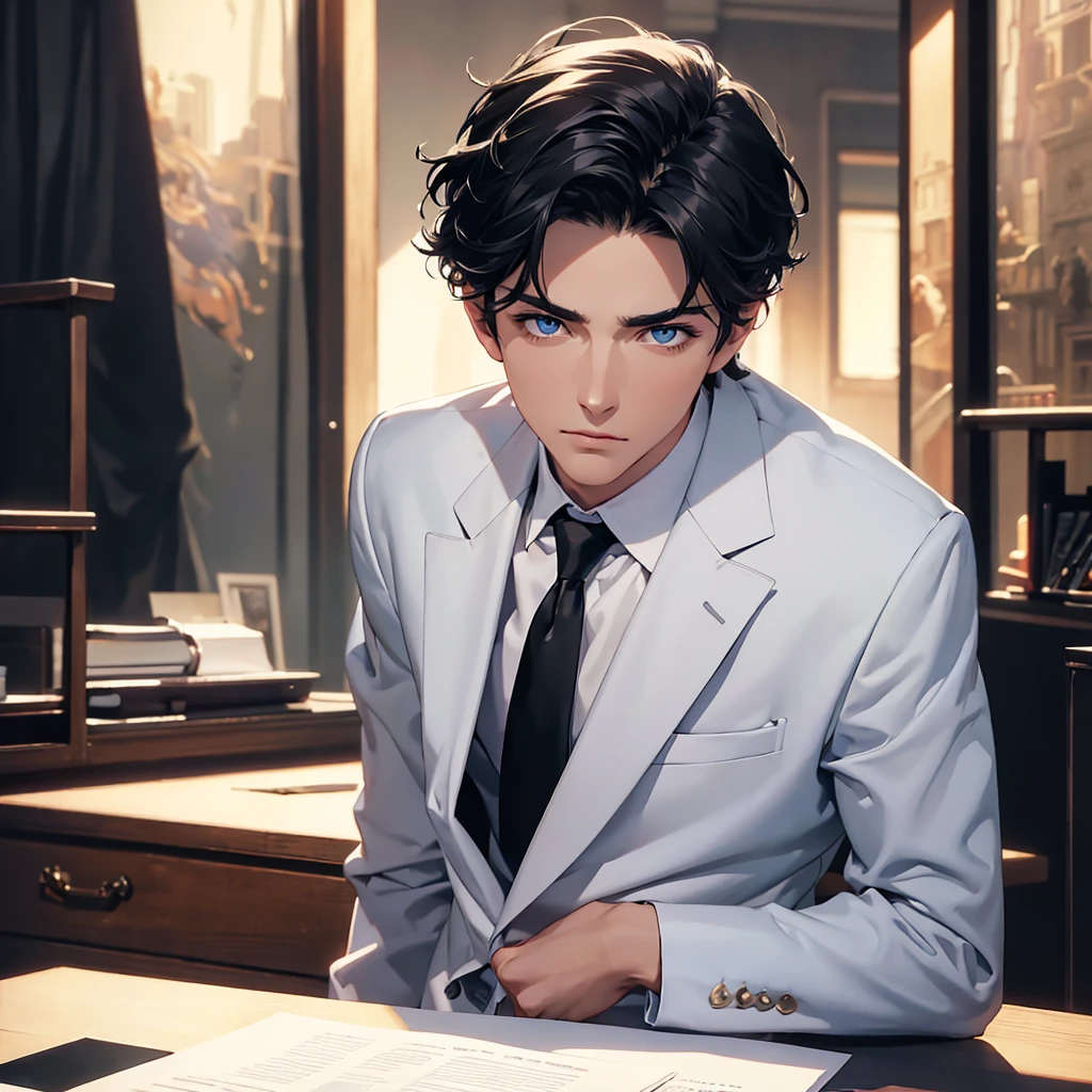 (8K, Best Quality, Masterpiece, Ultra High Resolution) 1 Male, Man, Beautiful Eyes, Face Details, Short Black Hair, Blue Eyes, Sunkissed Skin, Slender, Manly, Masculine, Toned, Suit, Sitting at Desk, Best Quality, Upper Body, Looking at the Viewer, Facing Viewer, Close Up
