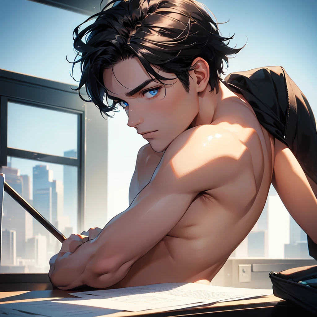 (8K, Best Quality, Masterpiece, Ultra High Resolution) 1 Male, Man, Beautiful Eyes, Face Details, Short Black Hair, Blue Eyes, Sunkissed Skin, Slender, Manly, Masculine, Toned, Suit, Sitting at Desk, Best Quality, Upper Body, Looking at the Viewer, Facing Viewer, Close Up