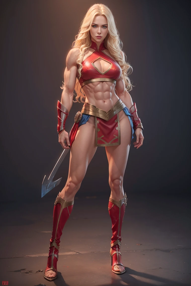 full body woman, blonde long wavy hair, blue eyes, red mouth tall muscular body. Abs toned, Red outfit. Warrior/superhero. standing straight, octane render photorealistic 