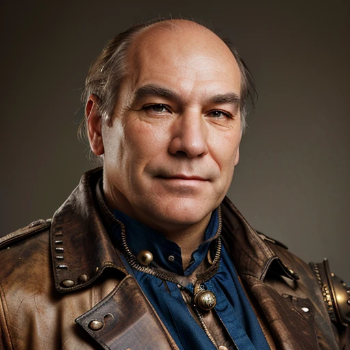 A photorealistic picture of an older man with thinning hair and a large nose, wide cheeks wearing a steampunk outfit.