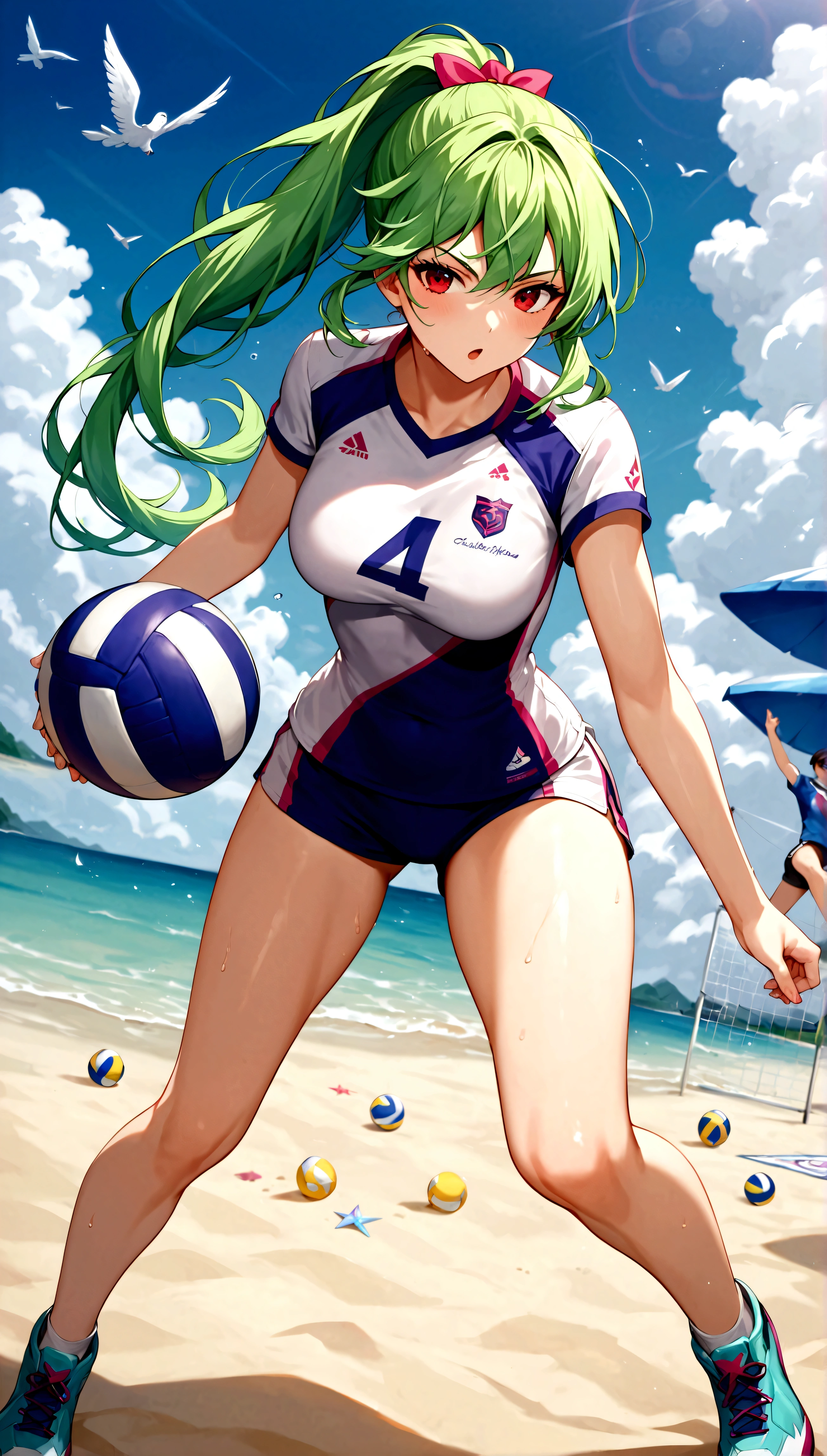 score_9, score_8_up, score_7_up, score_6_up, masterpiece, top quality, best quality, official art, beautiful and aesthetic, anime_source, centered, cinematic shot, 1girl, volley athlete, green ponytail, red eyes, pink volleyball uniform sport outfit, serve a ball, action pose, beach background, epic composition, epic proportion, 8K, Expressiveh