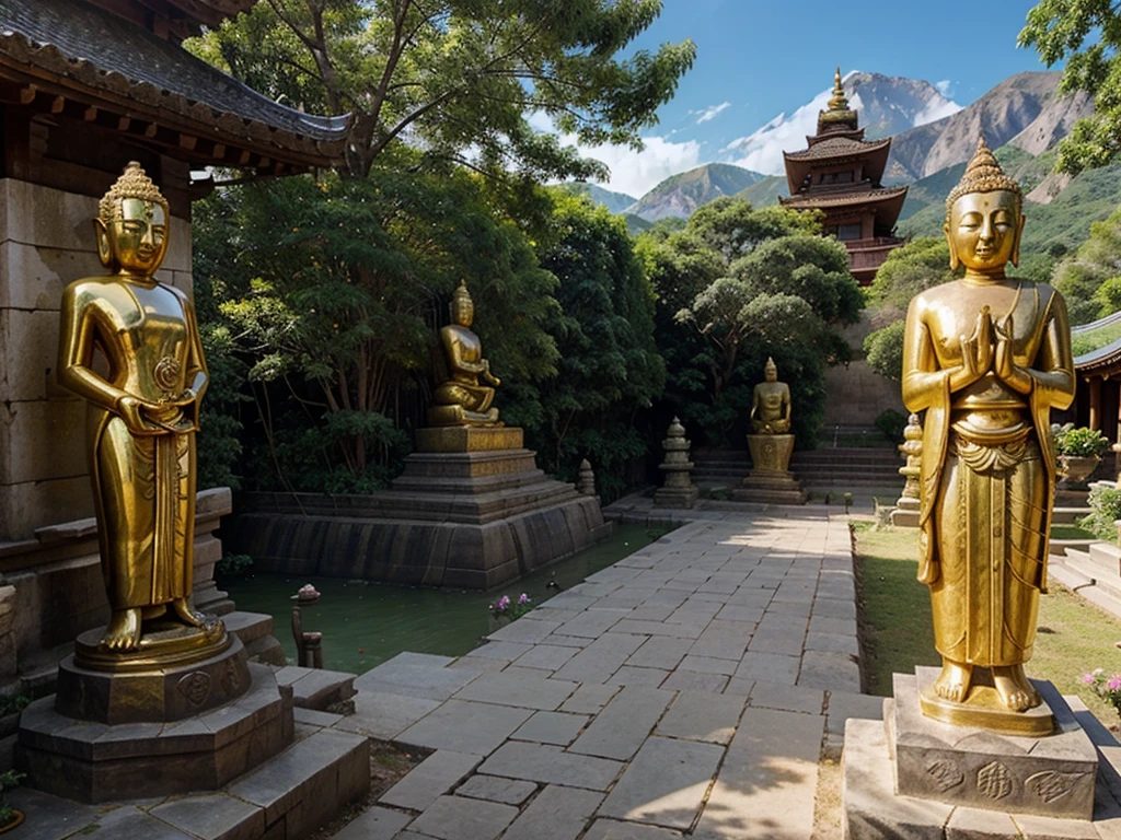 Buddha statues, temples, mountains, sunlight, lotus flowers, Dharma practitioners