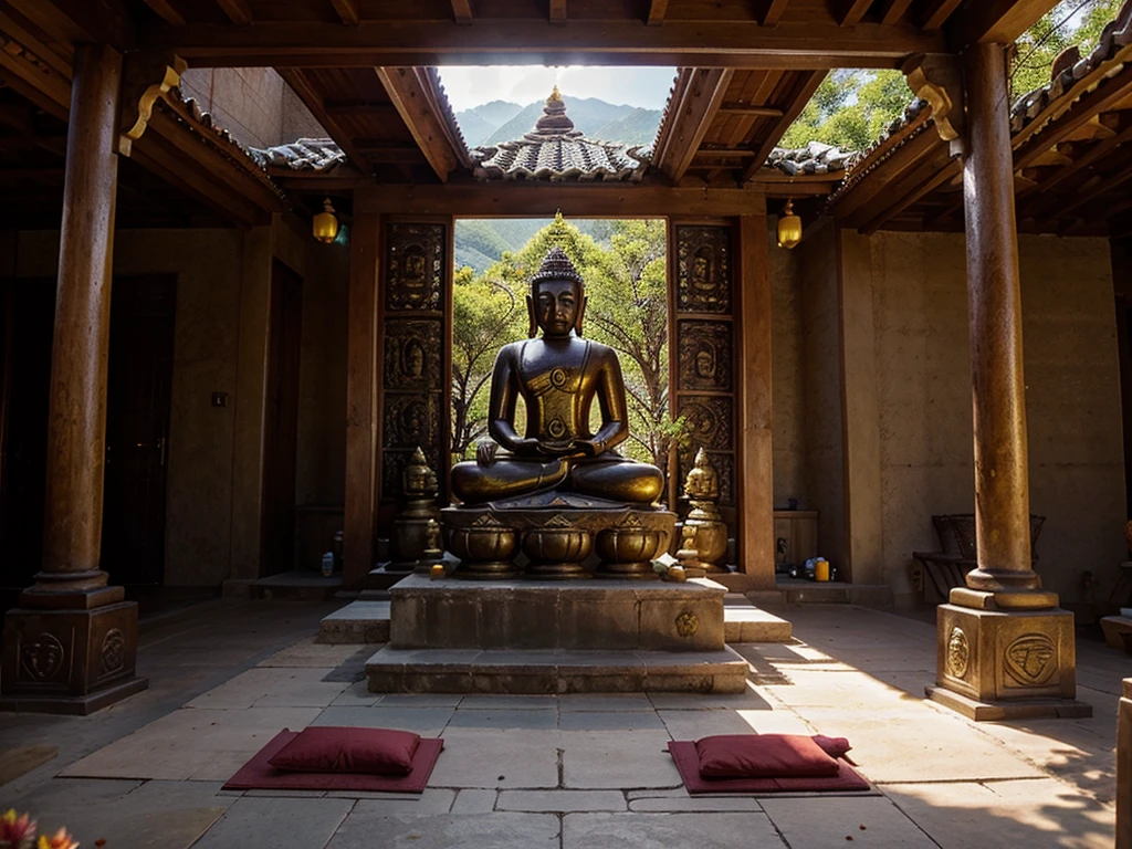 Buddha statues, temples, mountains, sunlight, lotus flowers, Dharma practitioners