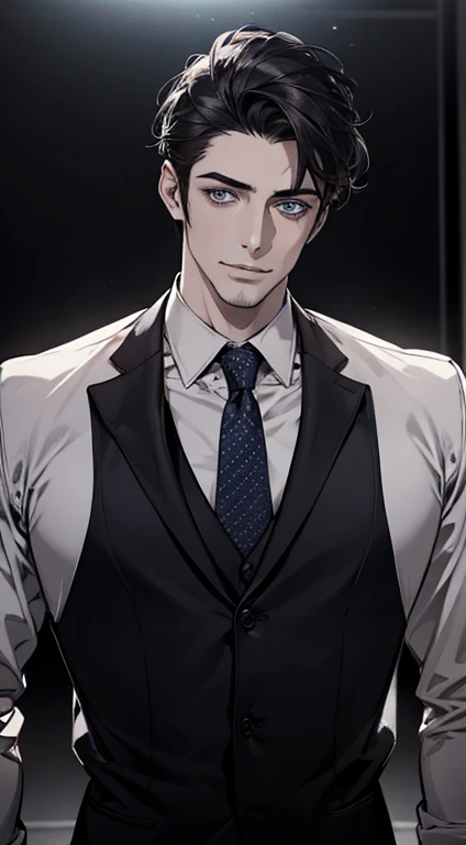 (best quality,4k,8k,highres,masterpiece:1.2),ultra-detailed,(realistic,photorealistic,photo-realistic:1.37),1 man,31 years old,mature man,very handsome,without expression,smile,short grey black hair,blue eyes,penetrating gaze,perfect face without errors,imposing posture,businessman,office background,cinematic lighting,hdr image