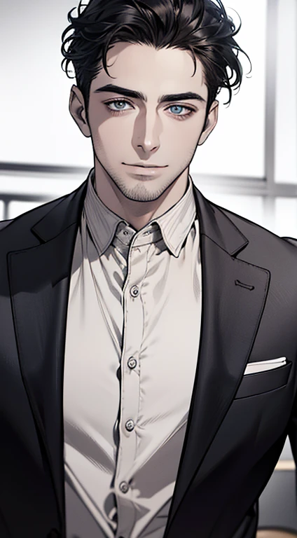 (best quality,4k,8k,highres,masterpiece:1.2),ultra-detailed,(realistic,photorealistic,photo-realistic:1.37),1 man,31 years old,mature man,very handsome,without expression,smile,short grey black hair,blue eyes,penetrating gaze,perfect face without errors,imposing posture,businessman,office background,cinematic lighting,hdr image