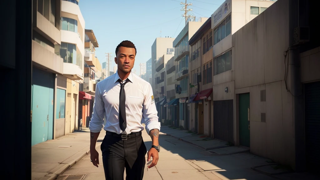 a closeup of a man in a tie and shirt walking down a street, GTA5 style, Style GTA V, GTA V style, as gtav character, Estilo urbano GTA V, gta character, gta v character, gta 6 style, Elon Musk a GTA V, as the protagonist of gta 5, Mark Zuckerberg en GTA V., Estilo Grand Theft Auto