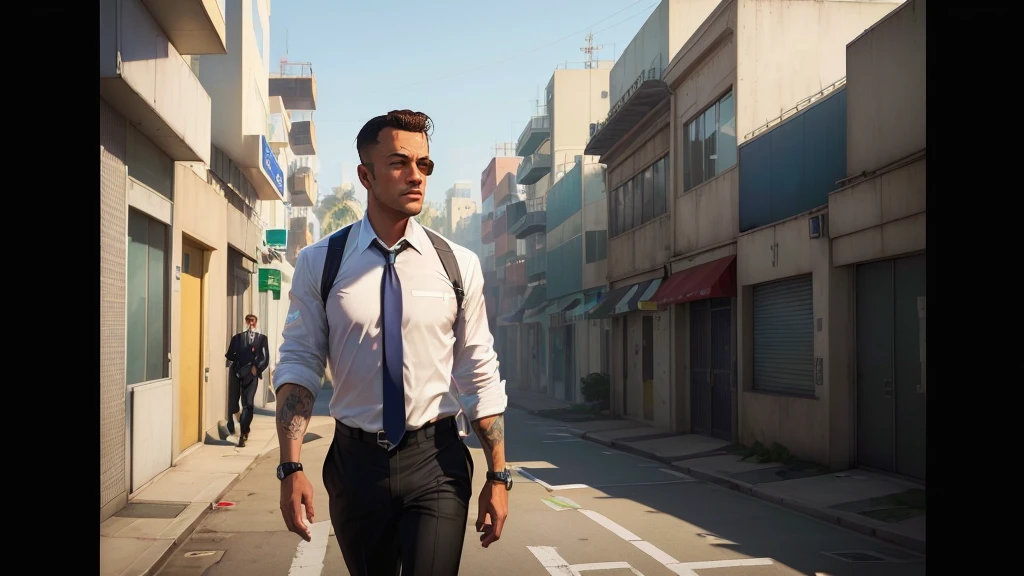 a closeup of a man in a tie and shirt walking down a street, GTA5 style, Style GTA V, GTA V style, as gtav character, Estilo urbano GTA V, gta character, gta v character, gta 6 style, Elon Musk a GTA V, as the protagonist of gta 5, Mark Zuckerberg en GTA V., Estilo Grand Theft Auto