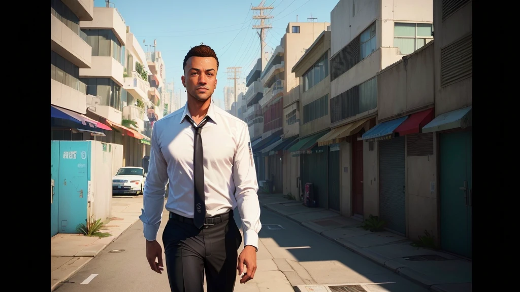 a closeup of a man in a tie and shirt walking down a street, GTA5 style, Style GTA V, GTA V style, as gtav character, Estilo urbano GTA V, gta character, gta v character, gta 6 style, Elon Musk a GTA V, as the protagonist of gta 5, Mark Zuckerberg en GTA V., Estilo Grand Theft Auto