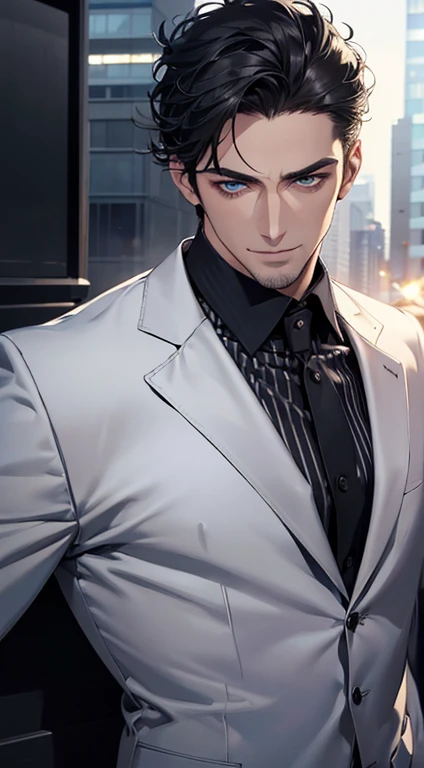 (best quality,4k,8k,highres,masterpiece:1.2),ultra-detailed,(realistic,photorealistic,photo-realistic:1.37),1 man,31 years old,mature man,very handsome,without expression,smile,short grey black hair,blue eyes,penetrating gaze,perfect face without errors,imposing posture,businessman,office background,cinematic lighting,hdr image